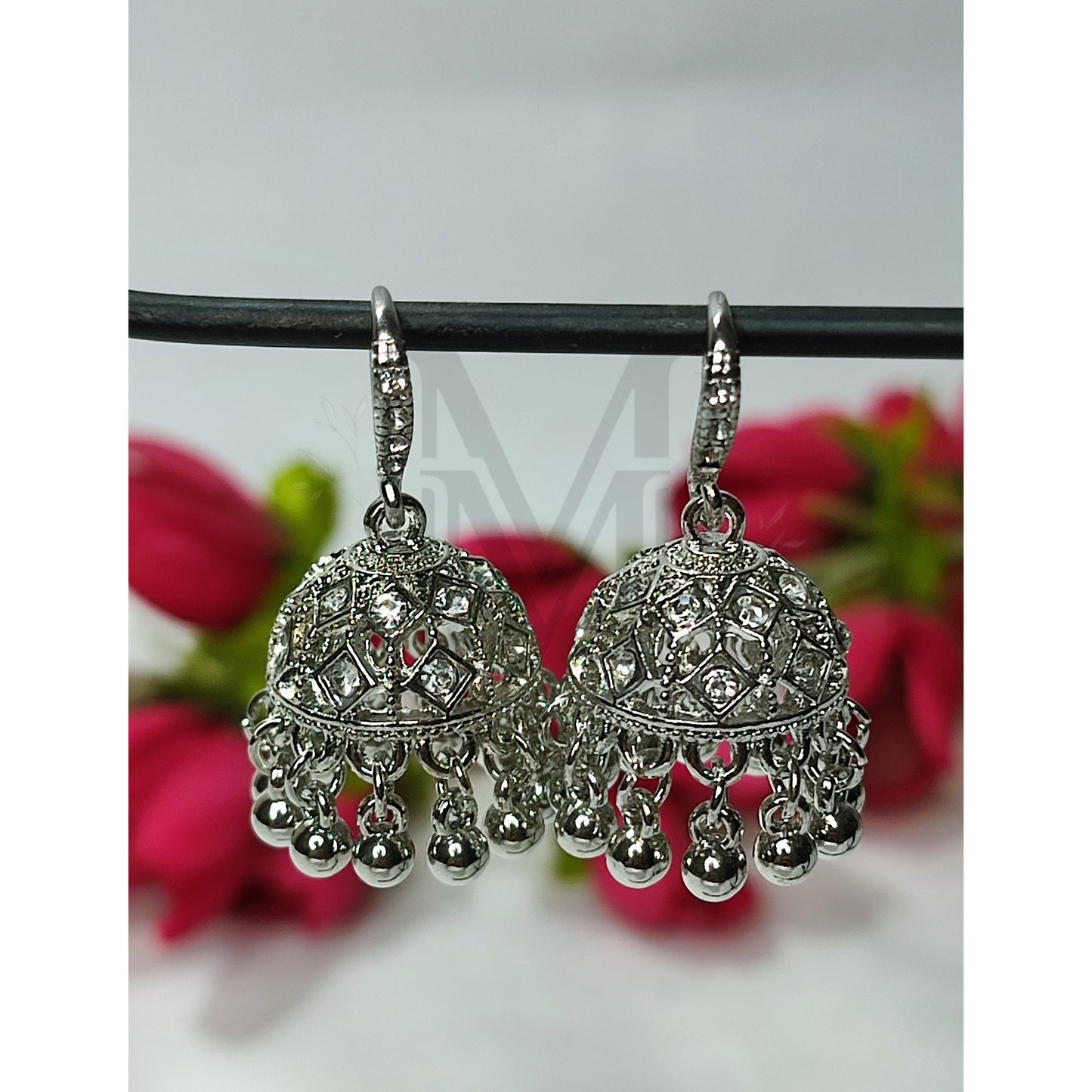 Silver Elegance: Beaded Jhumka Earrings