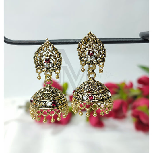 Exquisite Gold tone Jhumki Earrings with red and white beads